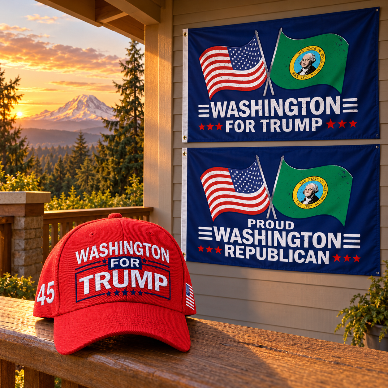 Washington hat and two Washington flags on a porch at sunset (lifestyle)