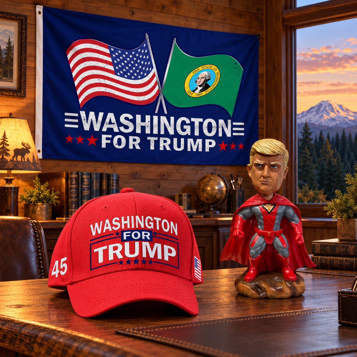 Washington flag on a den wall with the red Washington hat and superhero bobblehead on a desk (lifestyle)