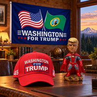 Washington flag on a den wall with the red Washington hat and superhero bobblehead on a desk (lifestyle)