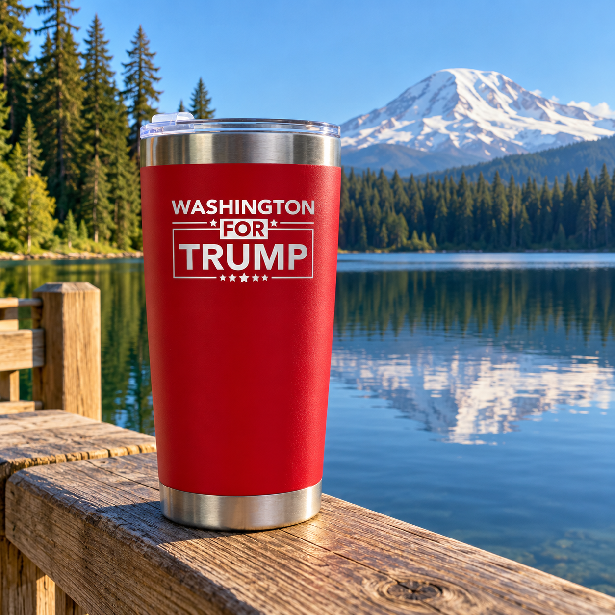 Washington red 20oz tumbler on a dock railing (lifestyle)