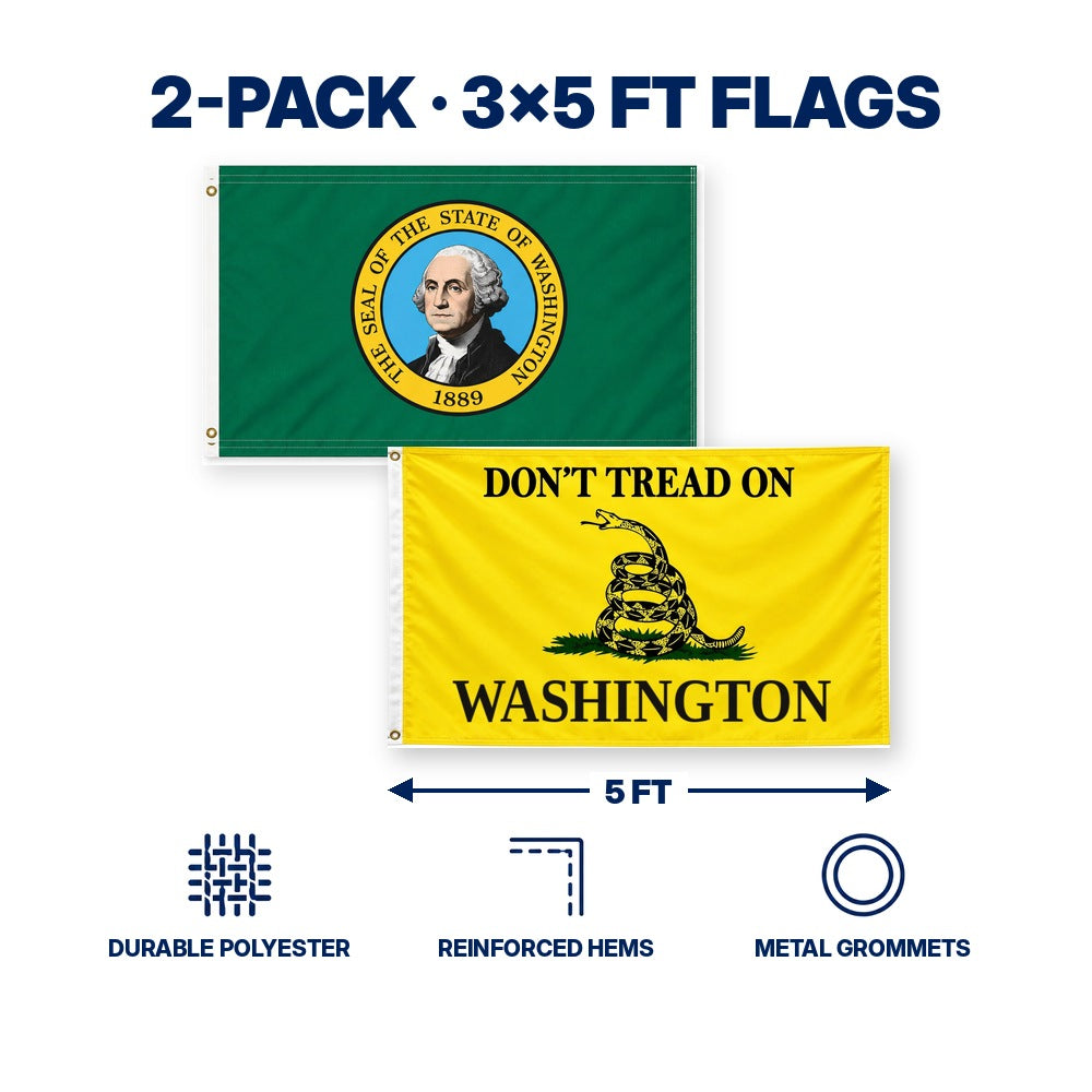 Washington State Flag and Don't Tread on Washington Flag 3x5 2-Pack features and size details