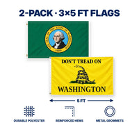 Washington State Flag and Don't Tread on Washington Flag 3x5 2-Pack features and size details