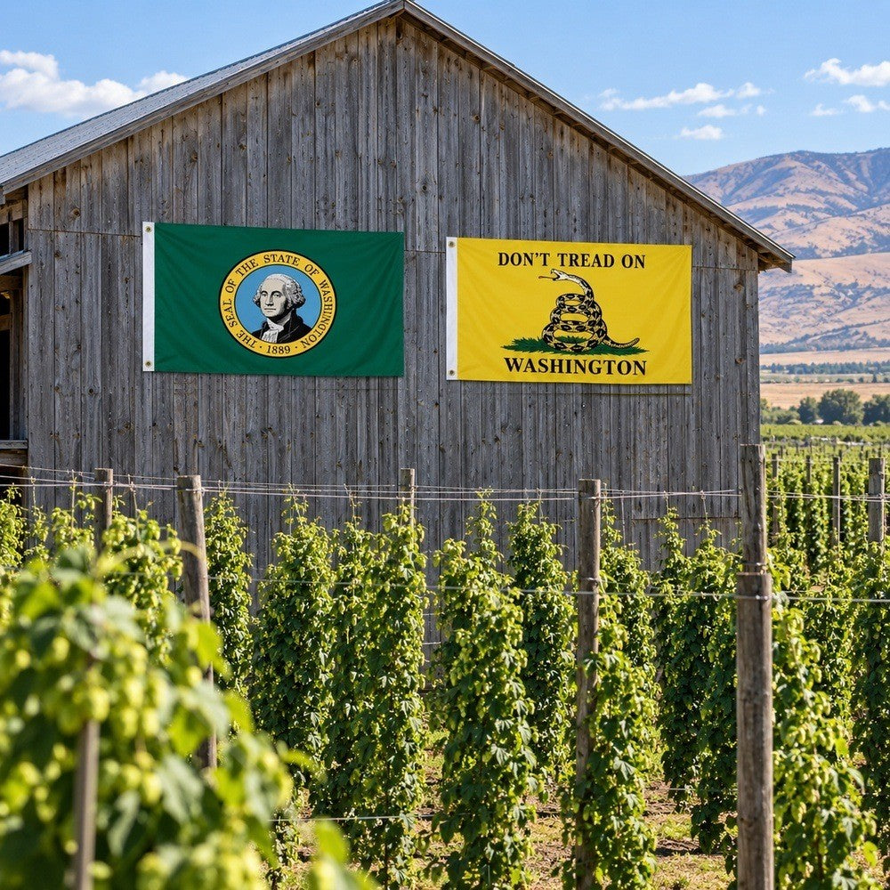 Washington State Flag and Don't Tread on Washington Flag 3x5 2-Pack displayed outdoors