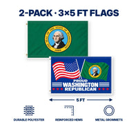 Washington State Flag and Proud Washington Republican Flag 3x5 2-Pack features and size details