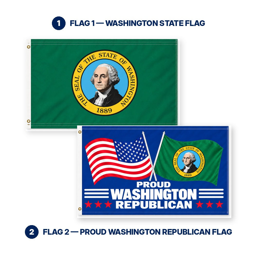 Washington State Flag and Proud Washington Republican Flag 3x5 2-Pack features and size details