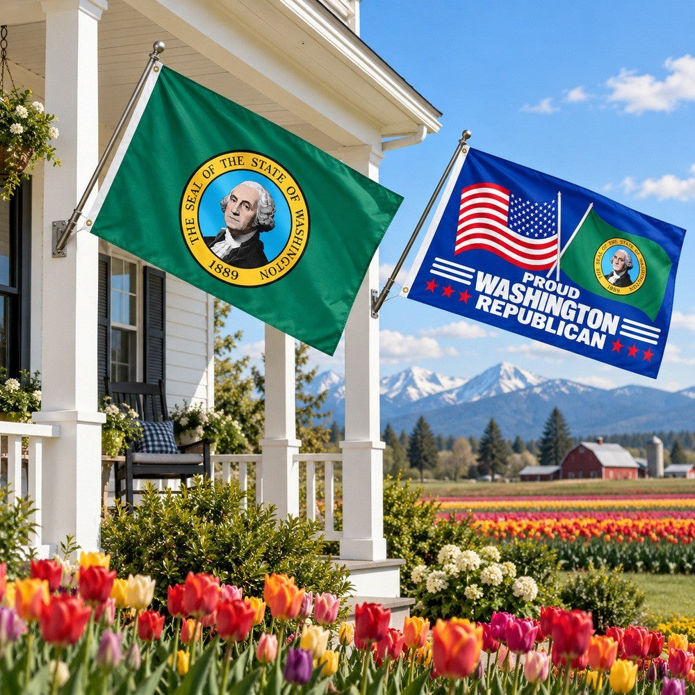 Washington State Flag and Proud Washington Republican Flag 3x5 2-Pack displayed outdoors