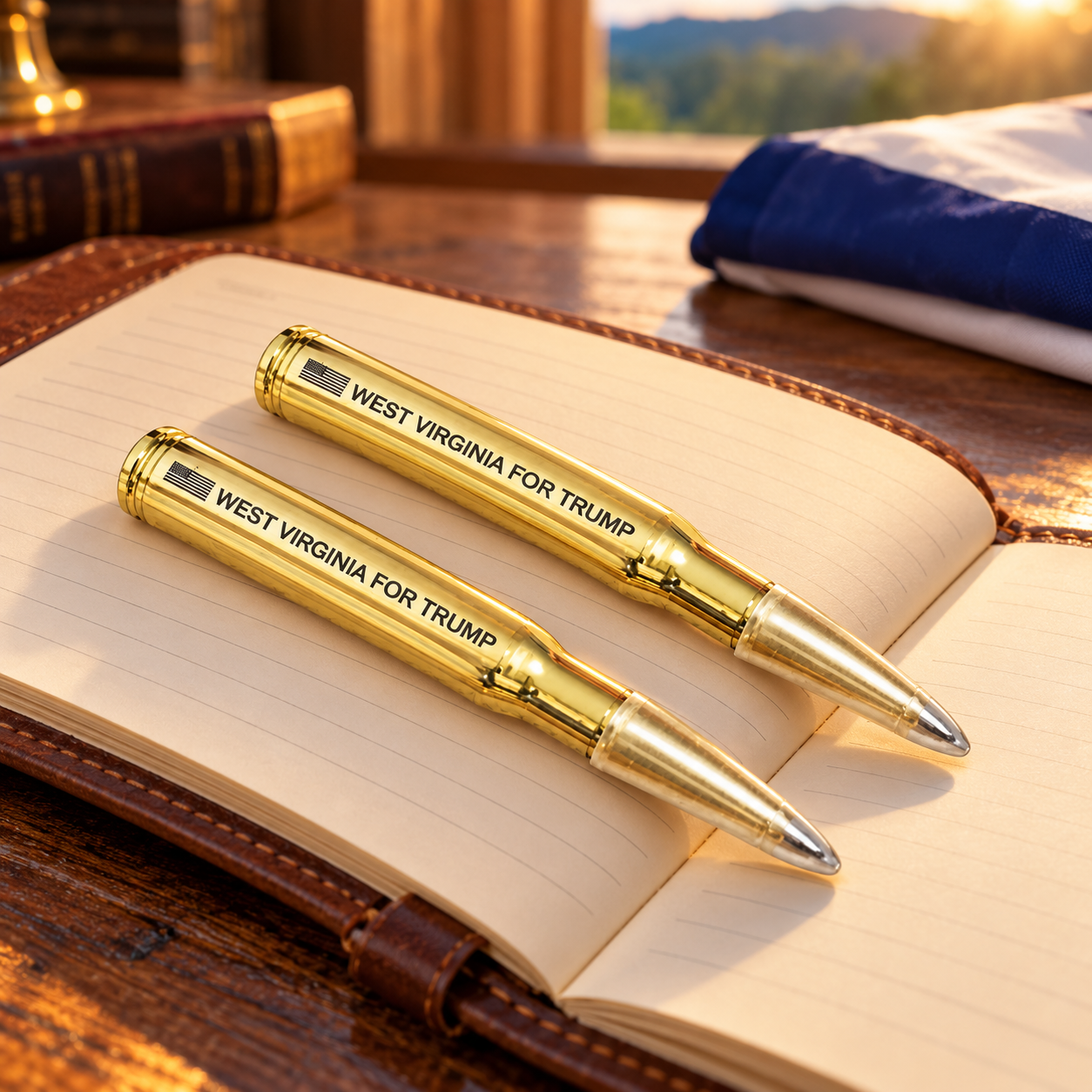 West Virginia bullet pen 2 pack on a leather notebook (lifestyle)