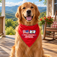 Golden retriever wearing the West Virginia dog bandana on a porch (lifestyle)