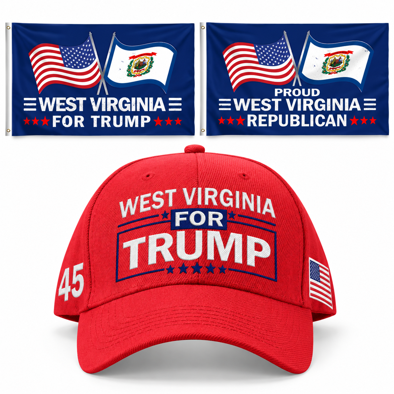 West Virginia Hat + 2 Flags Bundle: embroidered red West Virginia hat, West Virginia 3x5 flag and Proud West Virginia Republican 3x5 flag