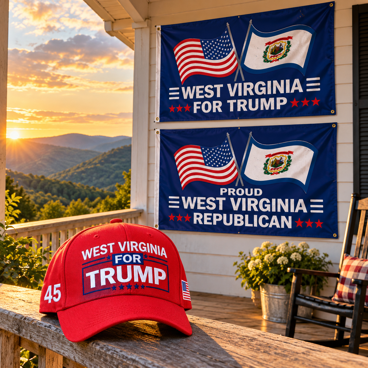 West Virginia hat and two West Virginia flags on a porch at sunset (lifestyle)