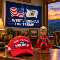 West Virginia flag on a den wall with the red West Virginia hat and superhero bobblehead on a desk (lifestyle)