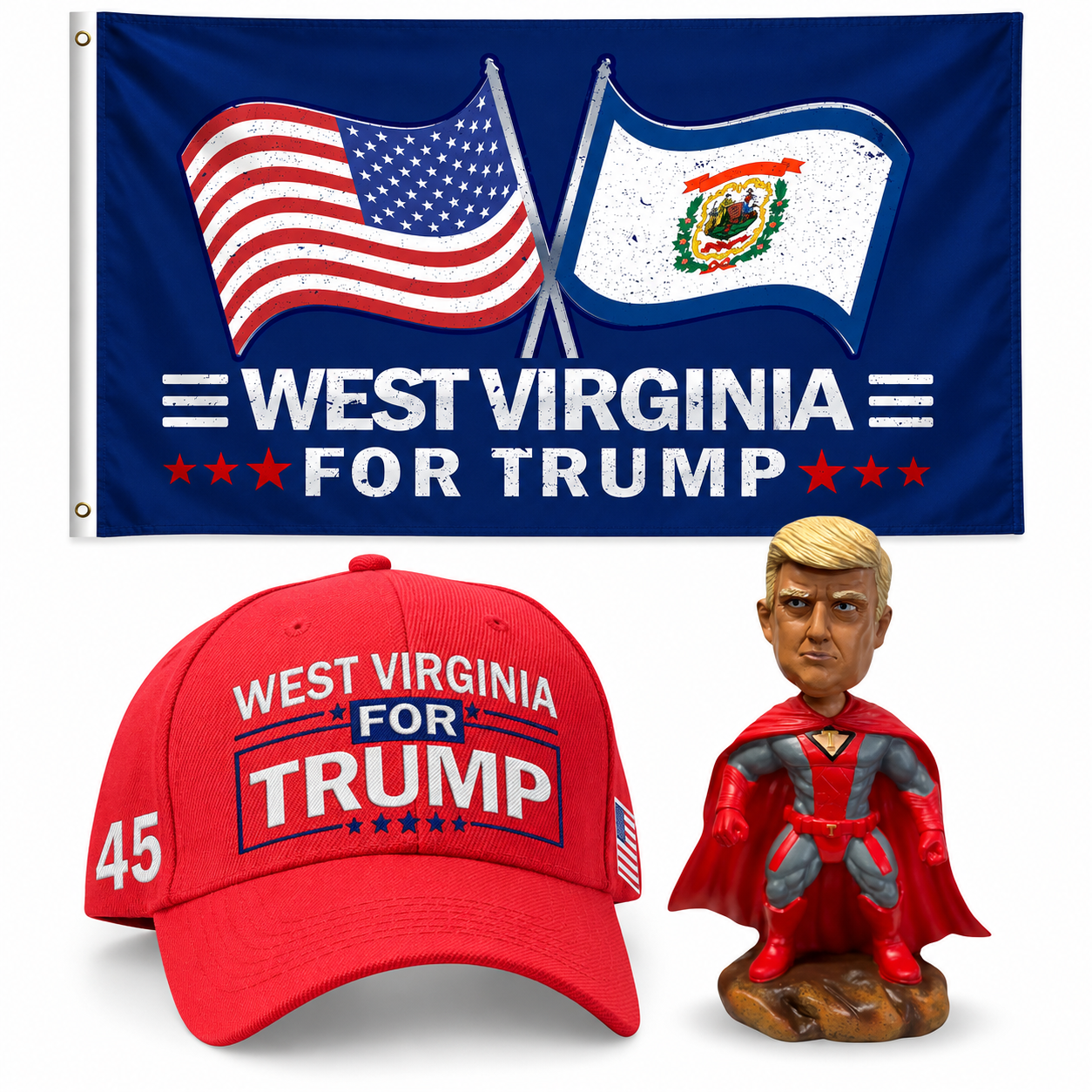 West Virginia Patriot Bundle: West Virginia 3x5 flag, embroidered red West Virginia hat and 8 inch superhero bobblehead