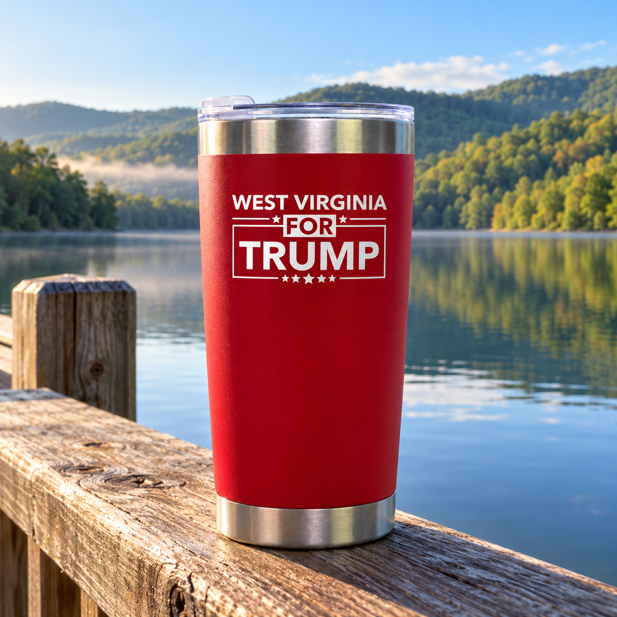 West Virginia red 20oz tumbler on a dock railing (lifestyle)
