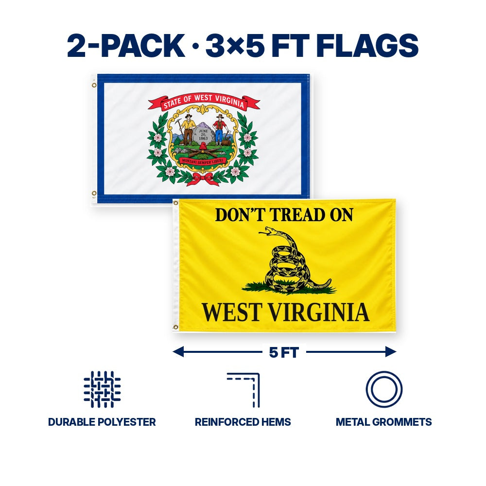 West Virginia State Flag and Don't Tread on West Virginia Flag 3x5 2-Pack features and size details
