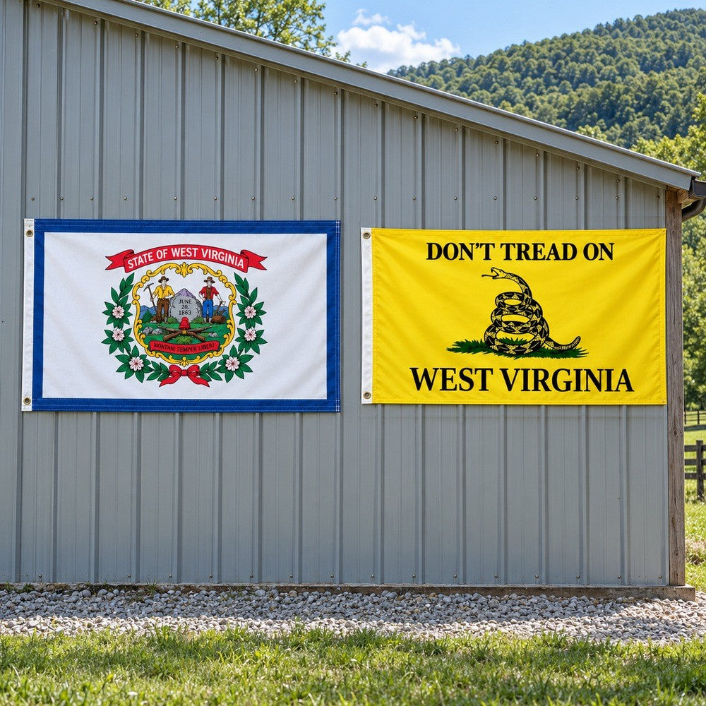 West Virginia State Flag and Don't Tread on West Virginia Flag 3x5 2-Pack displayed outdoors