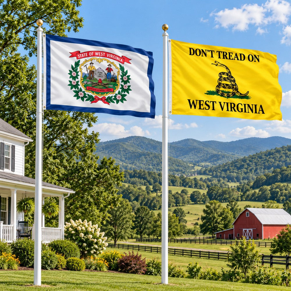 West Virginia State Flag and Don't Tread on West Virginia Flag 3x5 2-Pack displayed outdoors