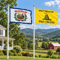 West Virginia State Flag and Don't Tread on West Virginia Flag 3x5 2-Pack displayed outdoors