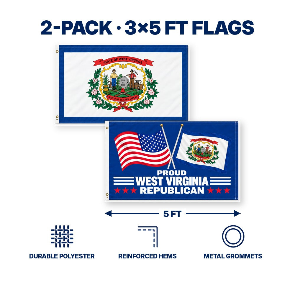 West Virginia State Flag and Proud West Virginia Republican Flag 3x5 2-Pack features and size details