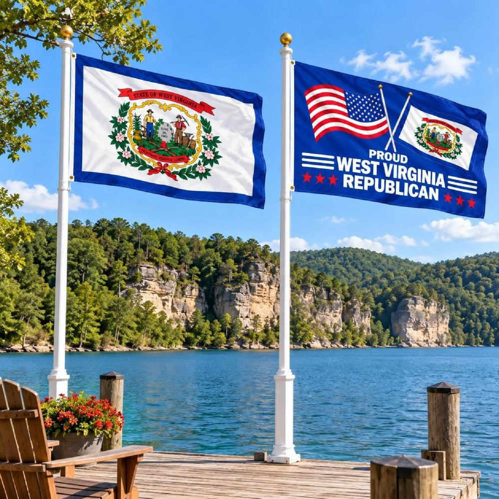 West Virginia State Flag and Proud West Virginia Republican Flag 3x5 2-Pack displayed outdoors