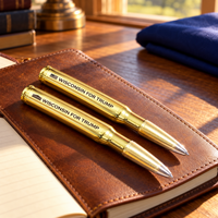 Wisconsin bullet pen 2 pack on a leather notebook (lifestyle)