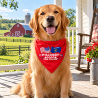 Golden retriever wearing the Wisconsin dog bandana on a porch (lifestyle)