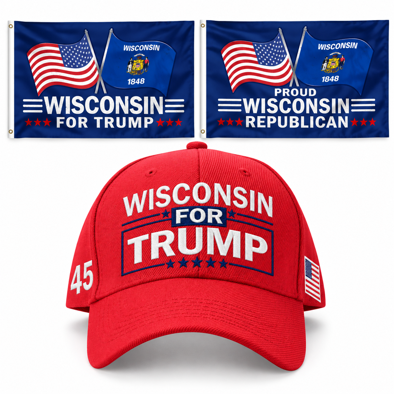Wisconsin Hat + 2 Flags Bundle: embroidered red Wisconsin hat, Wisconsin 3x5 flag and Proud Wisconsin Republican 3x5 flag