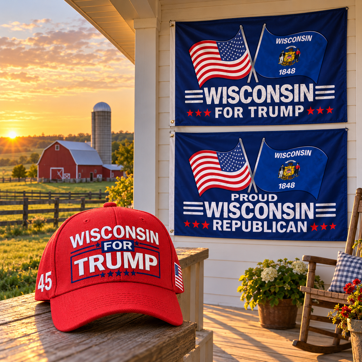 Wisconsin hat and two Wisconsin flags on a porch at sunset (lifestyle)