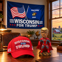 Wisconsin flag on a den wall with the red Wisconsin hat and superhero bobblehead on a desk (lifestyle)