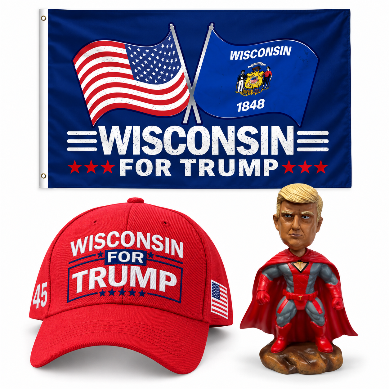 Wisconsin Patriot Bundle: Wisconsin 3x5 flag, embroidered red Wisconsin hat and 8 inch superhero bobblehead