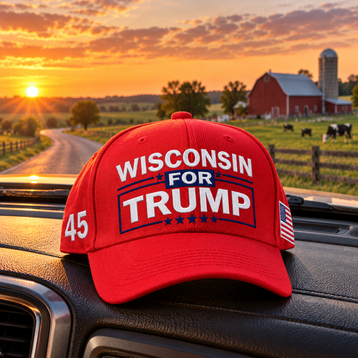 Wisconsin embroidered red hat on a truck dashboard at sunset (lifestyle)