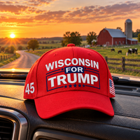Wisconsin embroidered red hat on a truck dashboard at sunset (lifestyle)