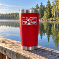 Wisconsin red 20oz tumbler on a dock railing (lifestyle)