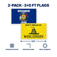 Wisconsin State Flag and Don't Tread on Wisconsin Flag 3x5 2-Pack features and size details