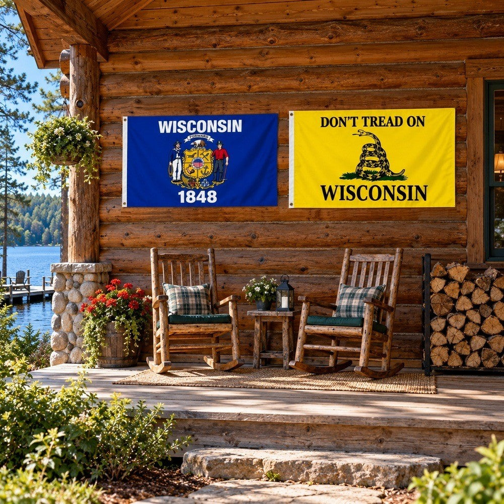 Wisconsin State Flag and Don't Tread on Wisconsin Flag 3x5 2-Pack displayed outdoors