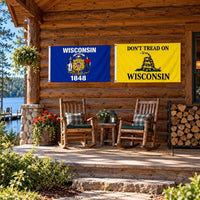 Wisconsin State Flag and Don't Tread on Wisconsin Flag 3x5 2-Pack displayed outdoors