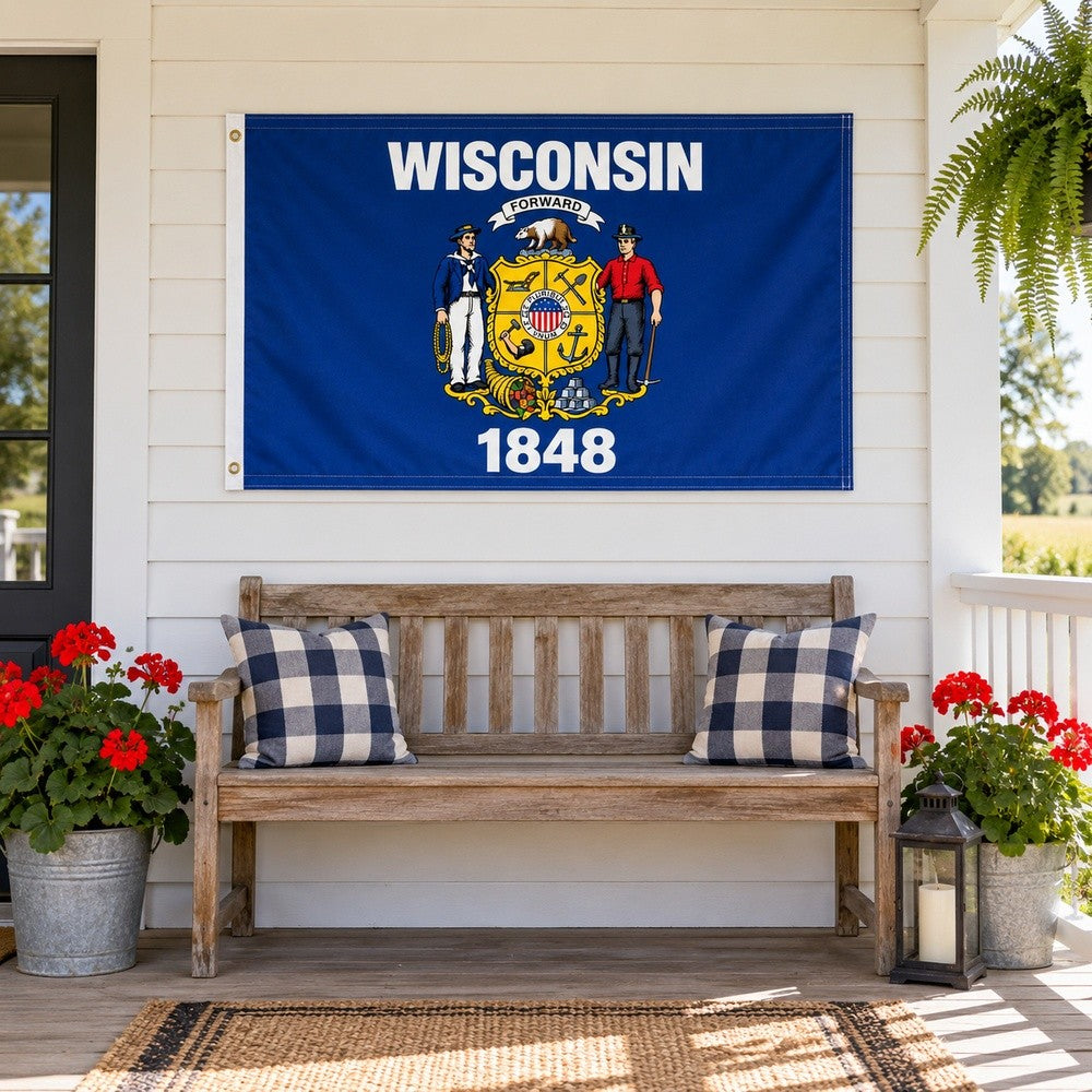 Wisconsin State Flag 3x5 displayed outdoors