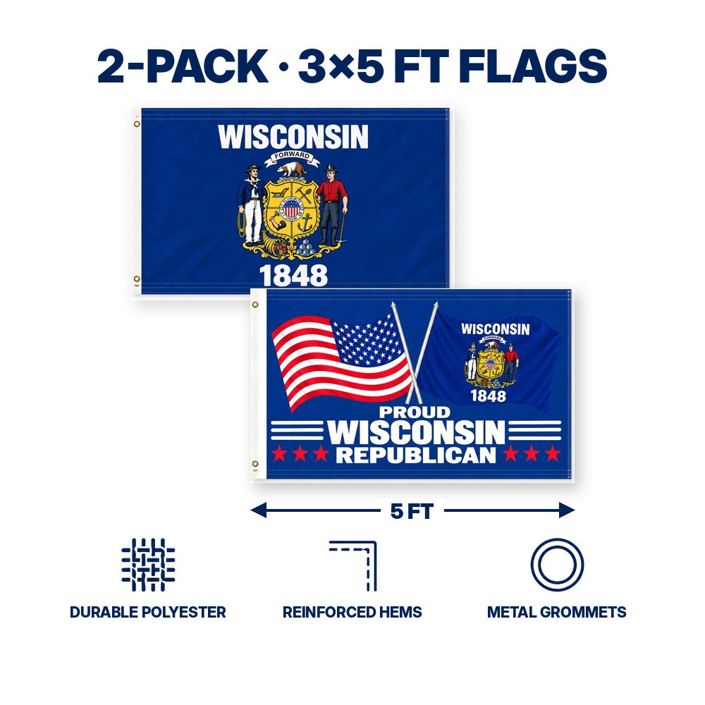 Wisconsin State Flag and Proud Wisconsin Republican Flag 3x5 2-Pack features and size details