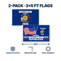 Wisconsin State Flag and Proud Wisconsin Republican Flag 3x5 2-Pack features and size details