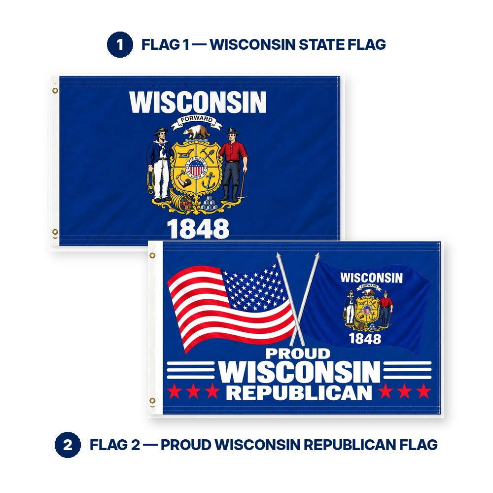 Wisconsin State Flag and Proud Wisconsin Republican Flag 3x5 2-Pack features and size details
