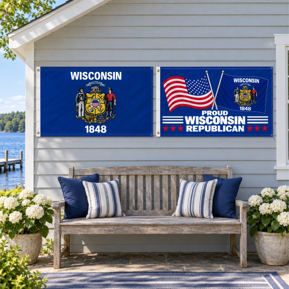 Wisconsin State Flag and Proud Wisconsin Republican Flag 3x5 2-Pack displayed outdoors
