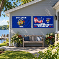 Wisconsin State Flag and Proud Wisconsin Republican Flag 3x5 2-Pack displayed outdoors