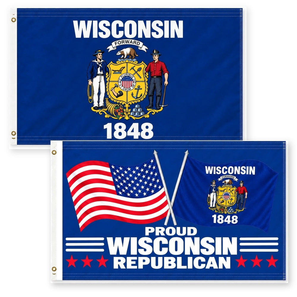 Wisconsin State Flag and Proud Wisconsin Republican Flag 3x5 2-Pack