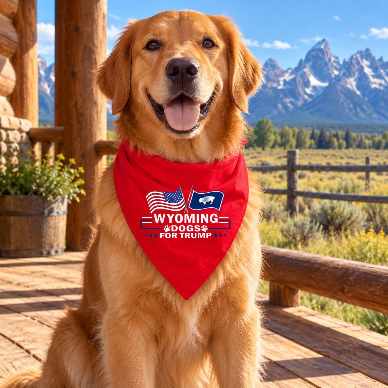 Golden retriever wearing the Wyoming dog bandana on a porch (lifestyle)