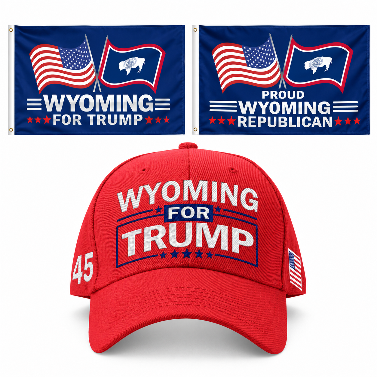Wyoming Hat + 2 Flags Bundle: embroidered red Wyoming hat, Wyoming 3x5 flag and Proud Wyoming Republican 3x5 flag