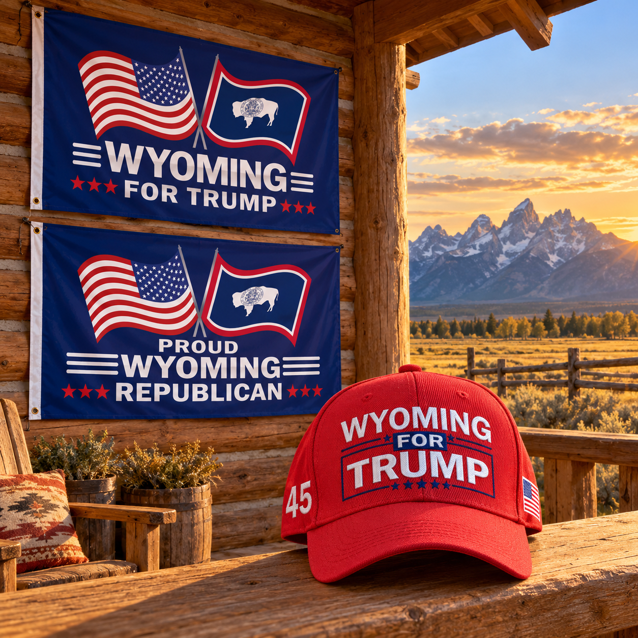 Wyoming hat and two Wyoming flags on a porch at sunset (lifestyle)
