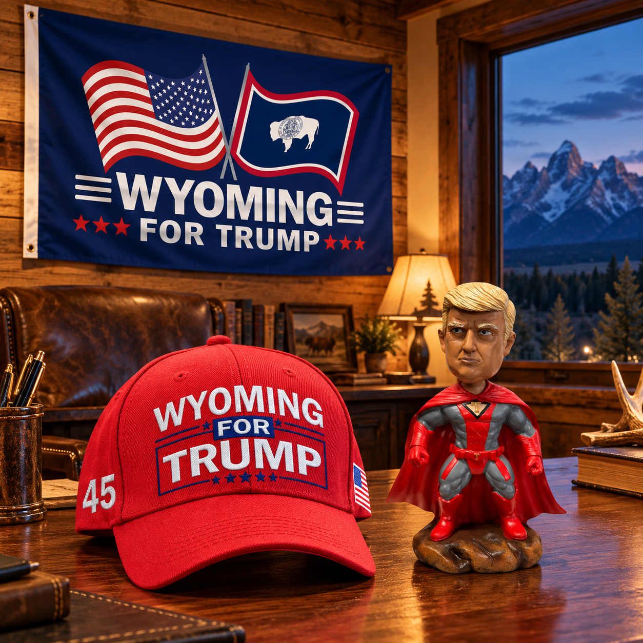 Wyoming flag on a den wall with the red Wyoming hat and superhero bobblehead on a desk (lifestyle)