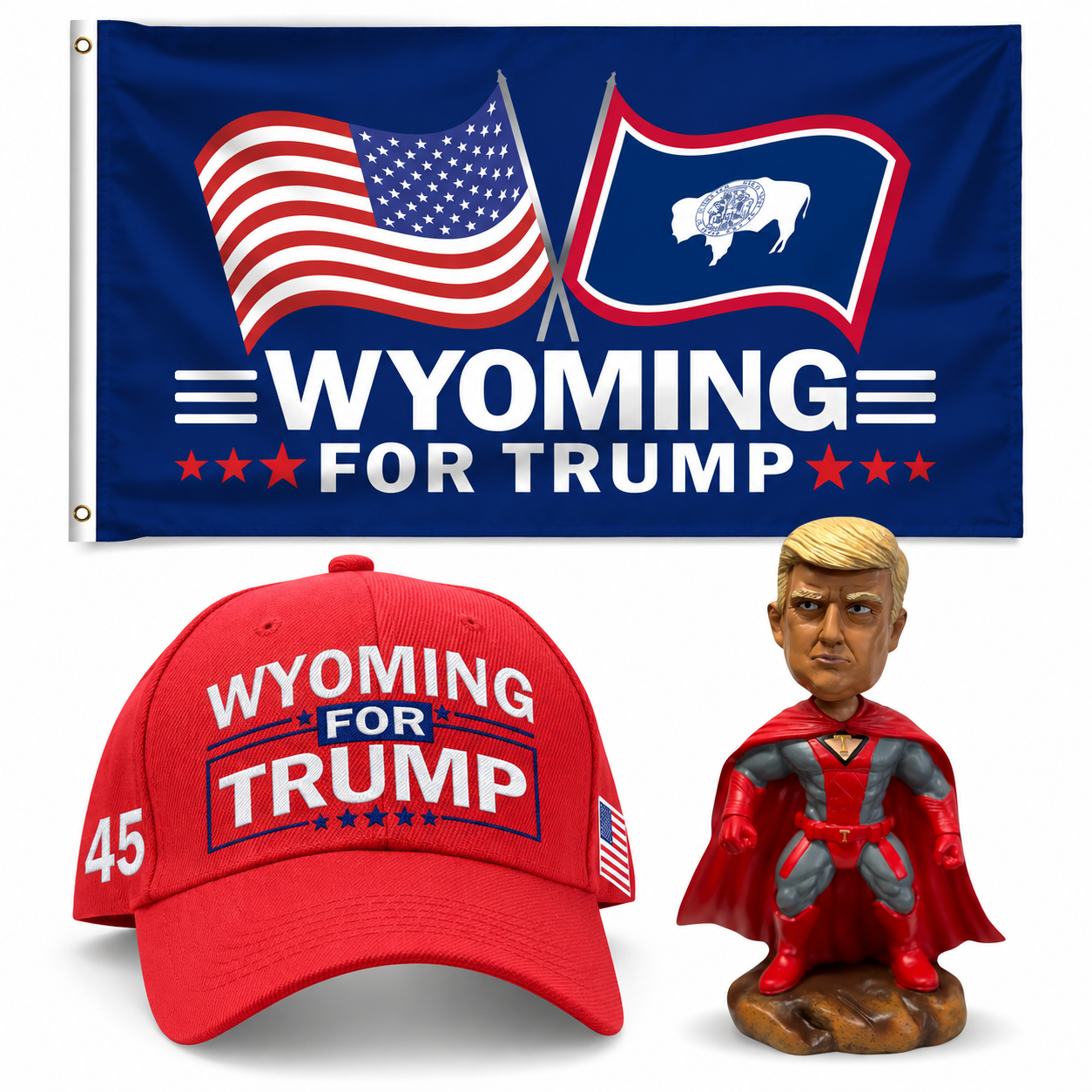 Wyoming Patriot Bundle: Wyoming 3x5 flag, embroidered red Wyoming hat and 8 inch superhero bobblehead
