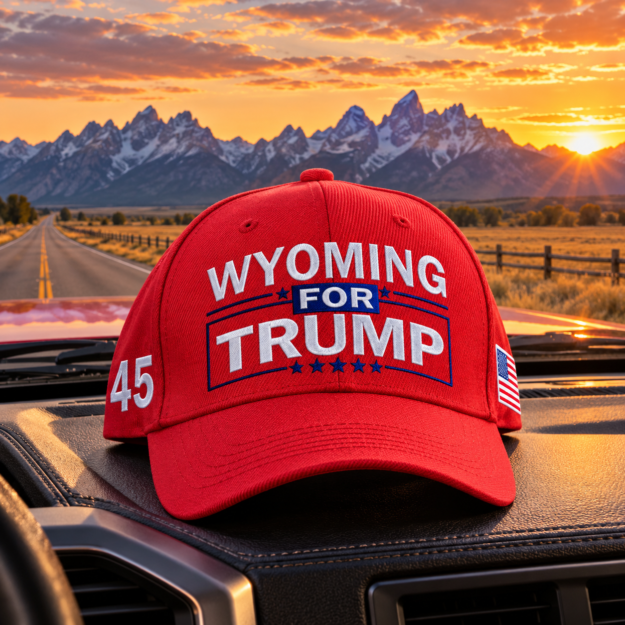 Wyoming embroidered red hat on a truck dashboard at sunset (lifestyle)