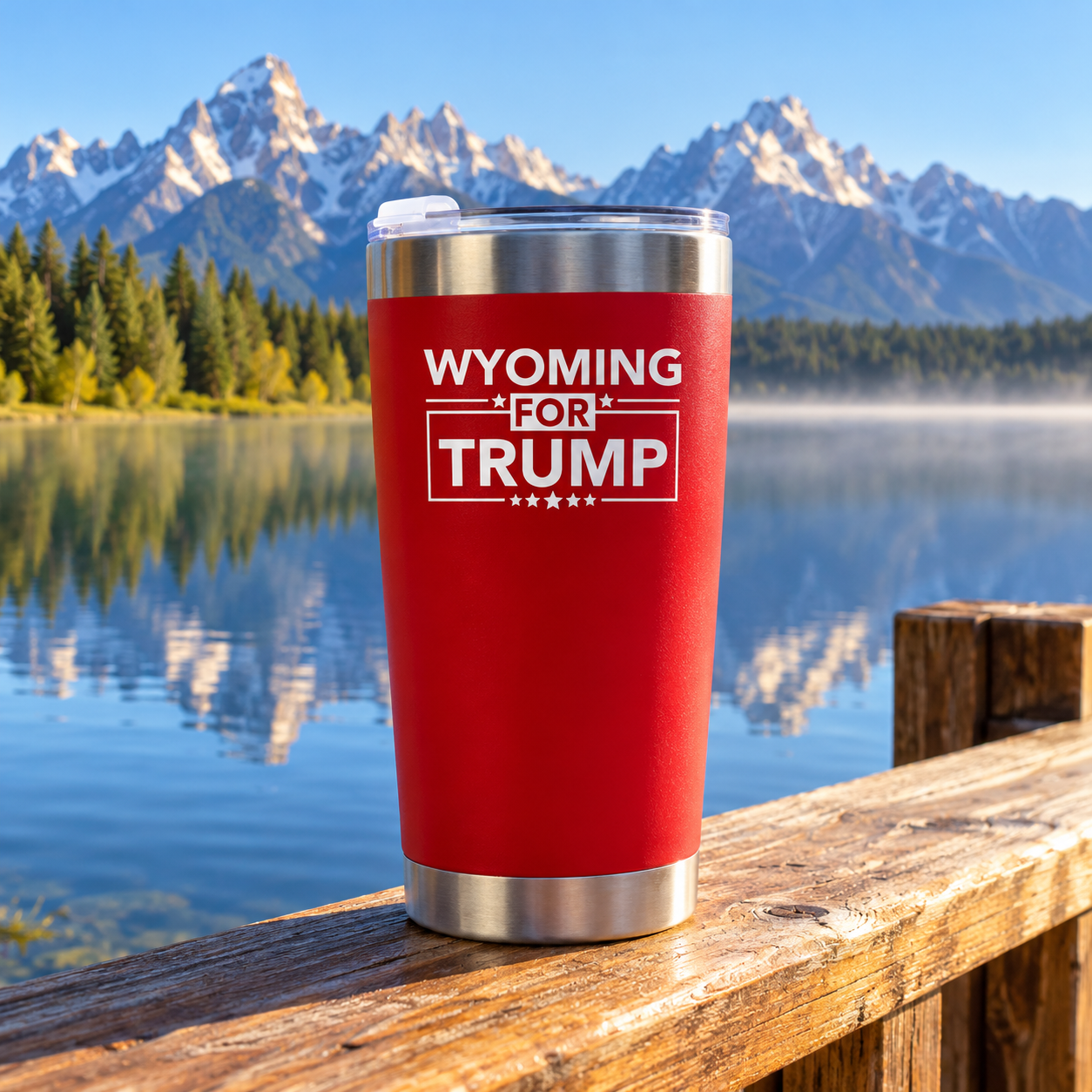 Wyoming red 20oz tumbler on a dock railing (lifestyle)