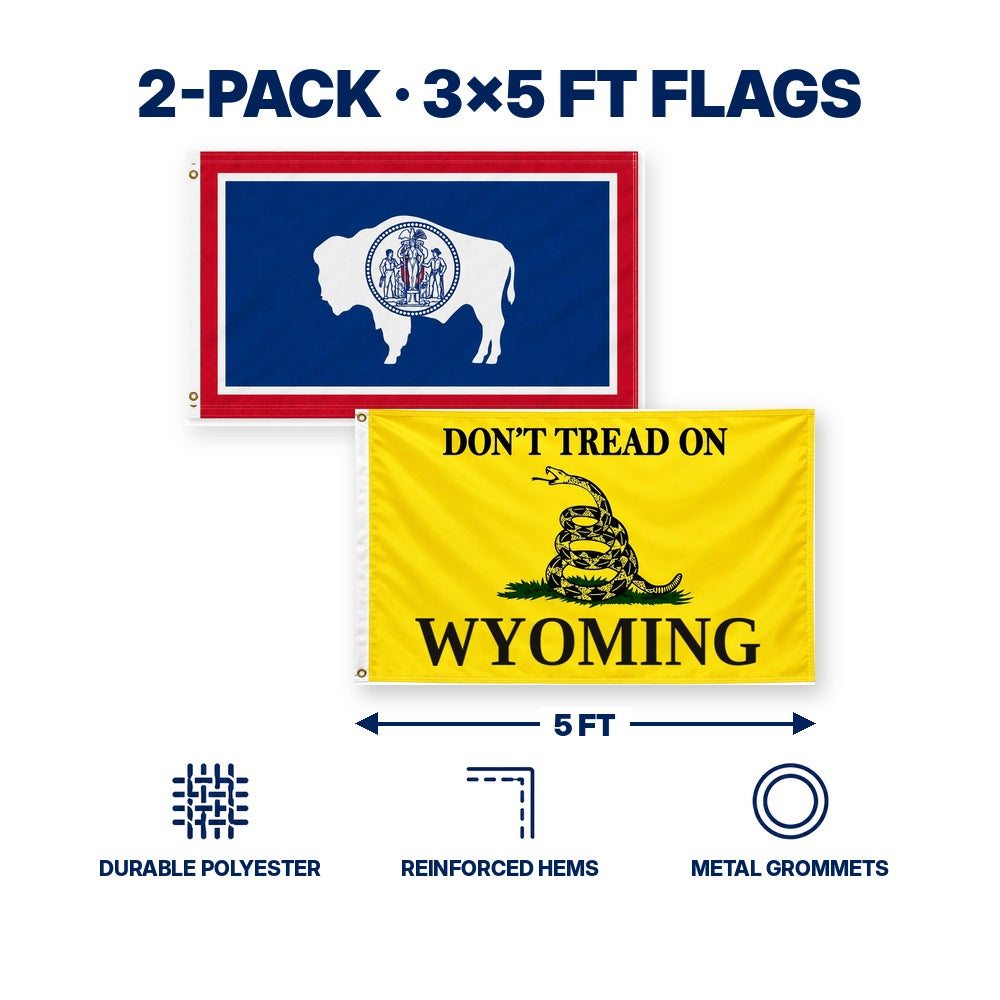 Wyoming State Flag and Don't Tread on Wyoming Flag 3x5 2-Pack features and size details